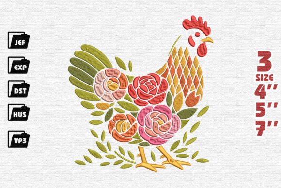 Folk Art Floral Rooster Embroidery Design for Seasonal Gifts