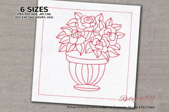 Pleasant Rose Flower Pot Redwork: A Designer’s Take
