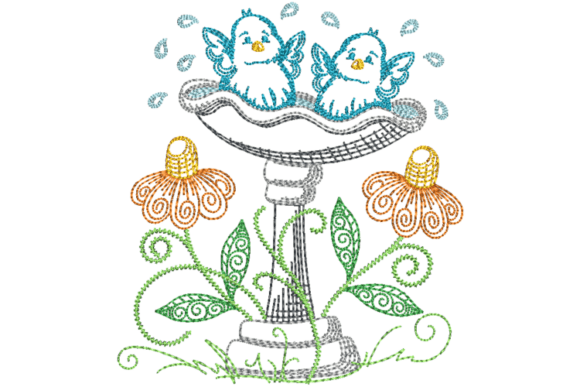 Spring Bird Bath Embroidery Design